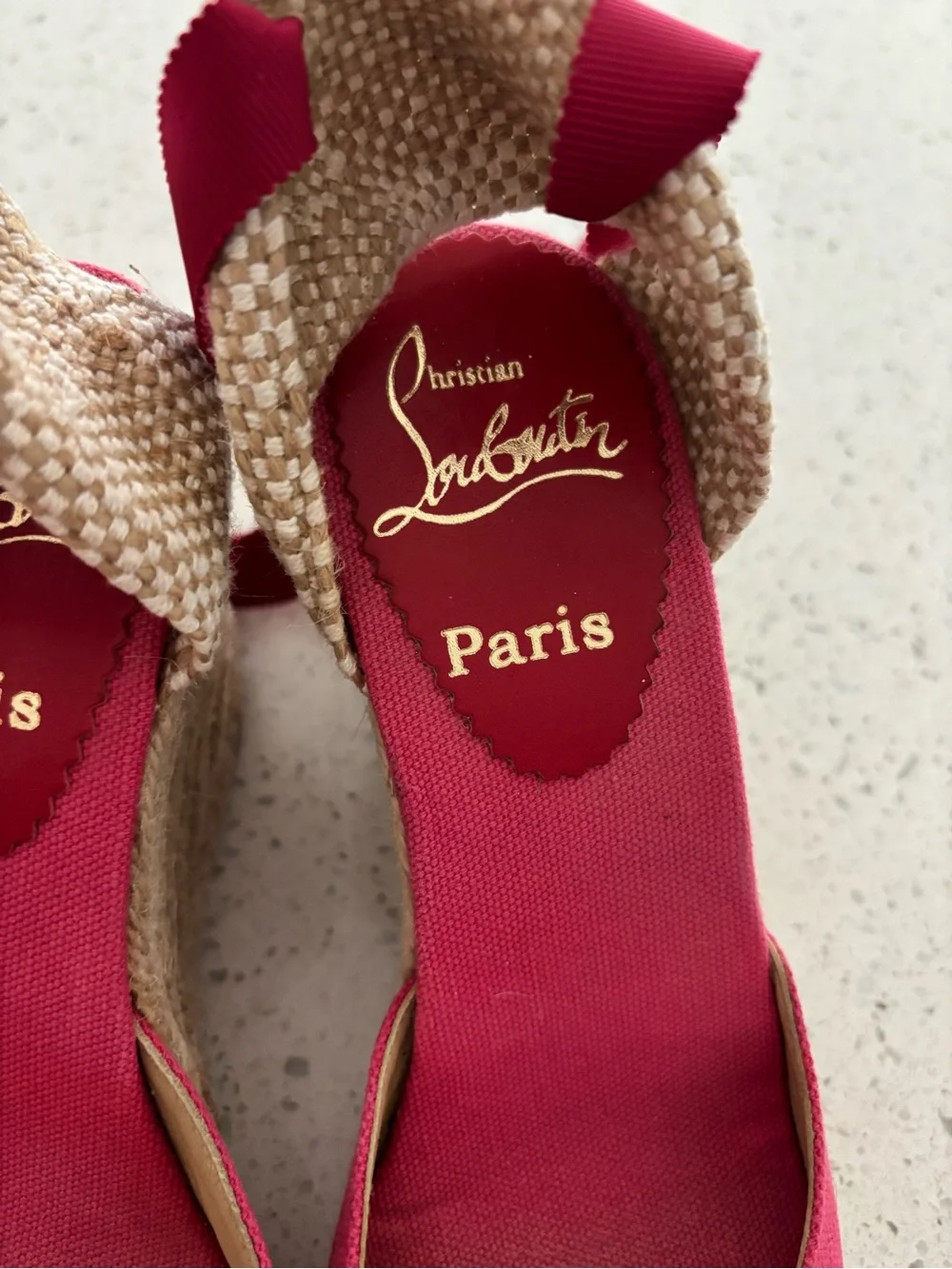 Christian Louboutin Canvas Wedge Espadrilles Fuschia Pink Brigitte Ribbon Ankle